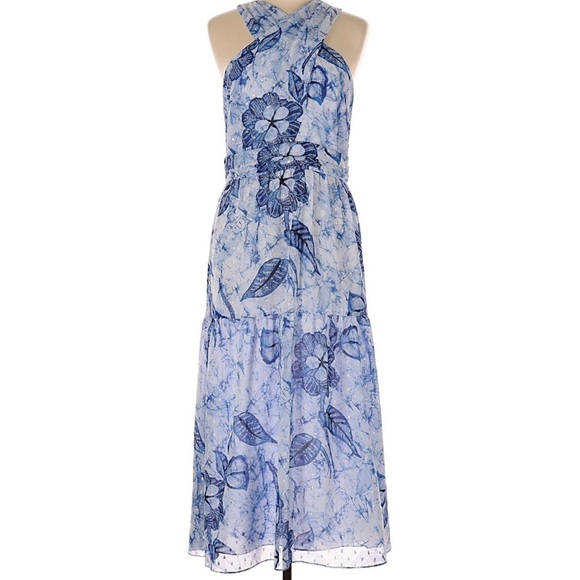 White House Black Market halter neck floral midi dress features a blue and white - Picture 7 of 7